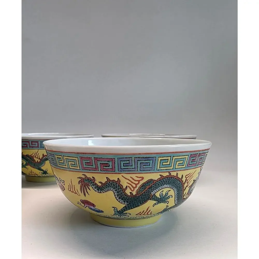 Vintage Set of 4 Chinese Yellow Dragon Porcelain Rice Soup Bowls 4.5
